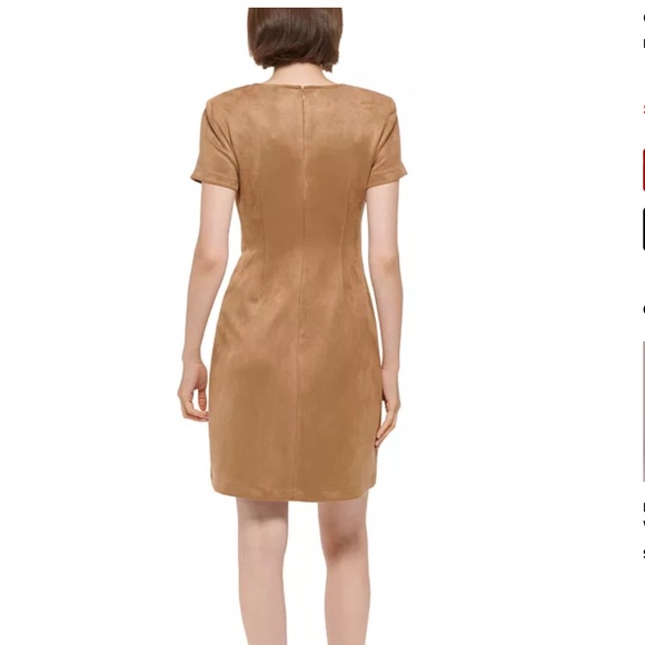 Camel Faux Suede Mini Dress – Square Neck Zip Detail Short Sleeve Calvin Klein - Picture 4 of 5